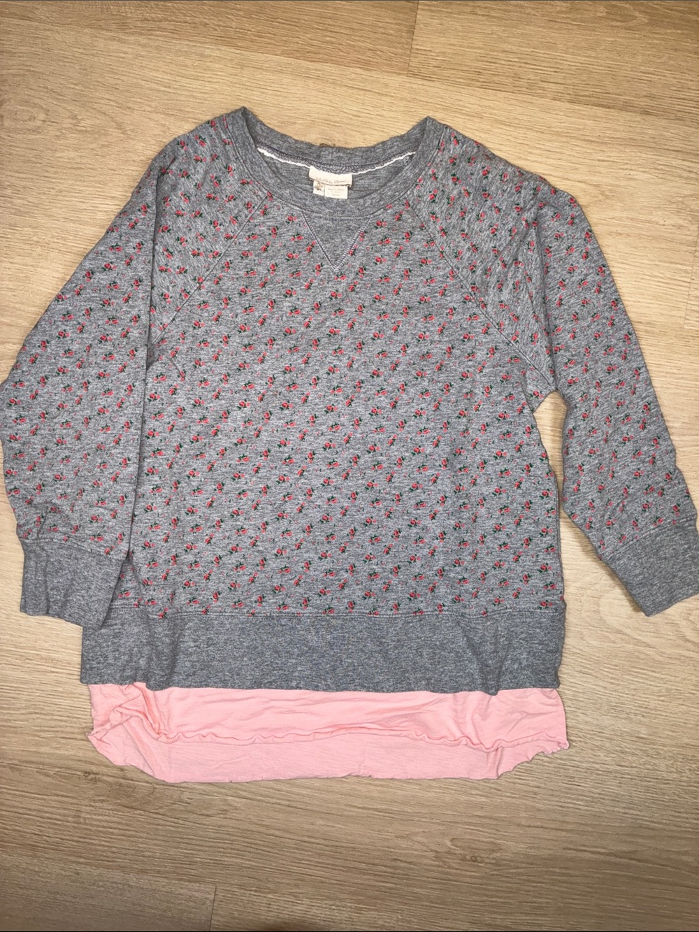 Matilda Jane Grey Sweatshirt with Pink Layered Hem and Red Floral Print